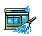 A stylized icon of a storefront being cleaned by a brush spraying water, with a water droplet above.