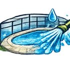 A hose sprays water into a blue, oval-shaped swimming pool surrounded by a fence.