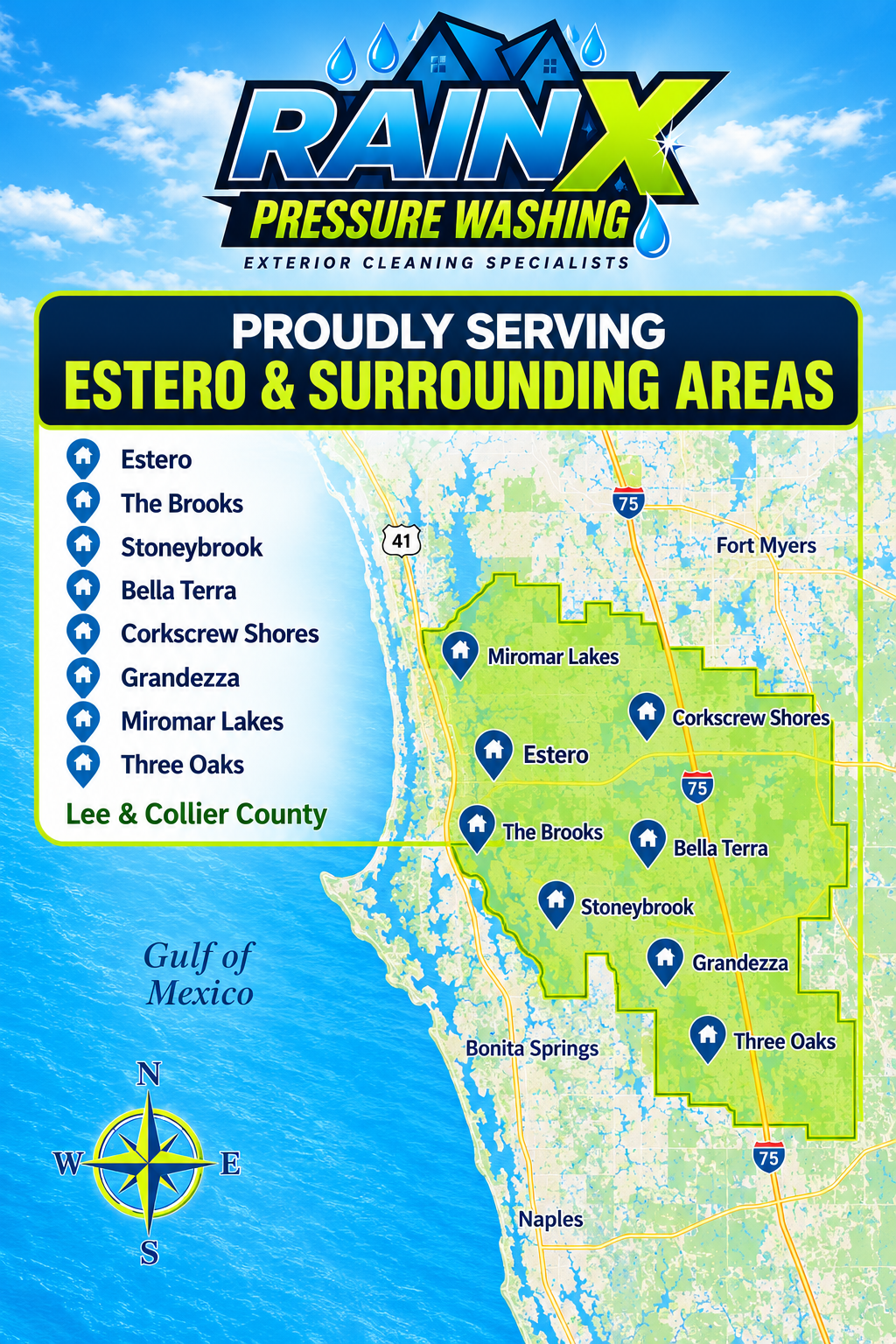 RainX pressure washing ad with service map for Bonita Springs and surrounding areas, blue and green design