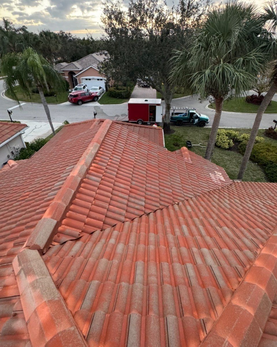An elevated view of a terracotta tile roof, with a residential street, parked cars, and palm trees in the background.
