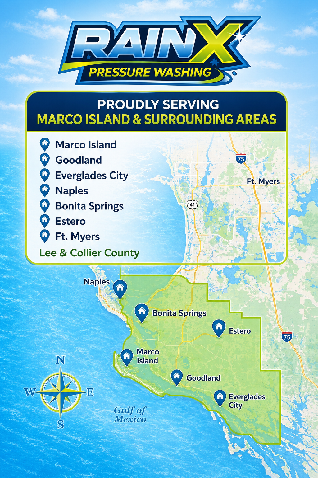 Rain-X map of Marco Island, Florida, showing service areas and nearby locations in blue and green.