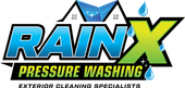 Logo for Rain X Pressure Washing, featuring blue and lime green text and house icons with water drop graphics.