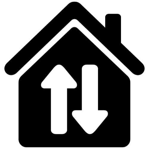 A house with two arrows pointing up and down.