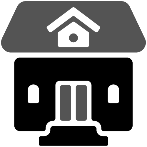 A black and white icon of a house with a birdhouse on the roof.