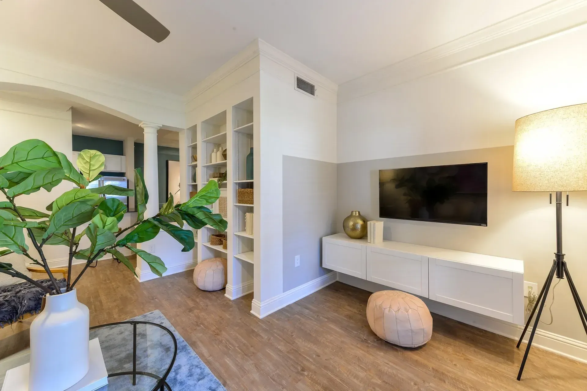 Modern living room with a wall-mounted TV, built-in shelves, and decorative plants.