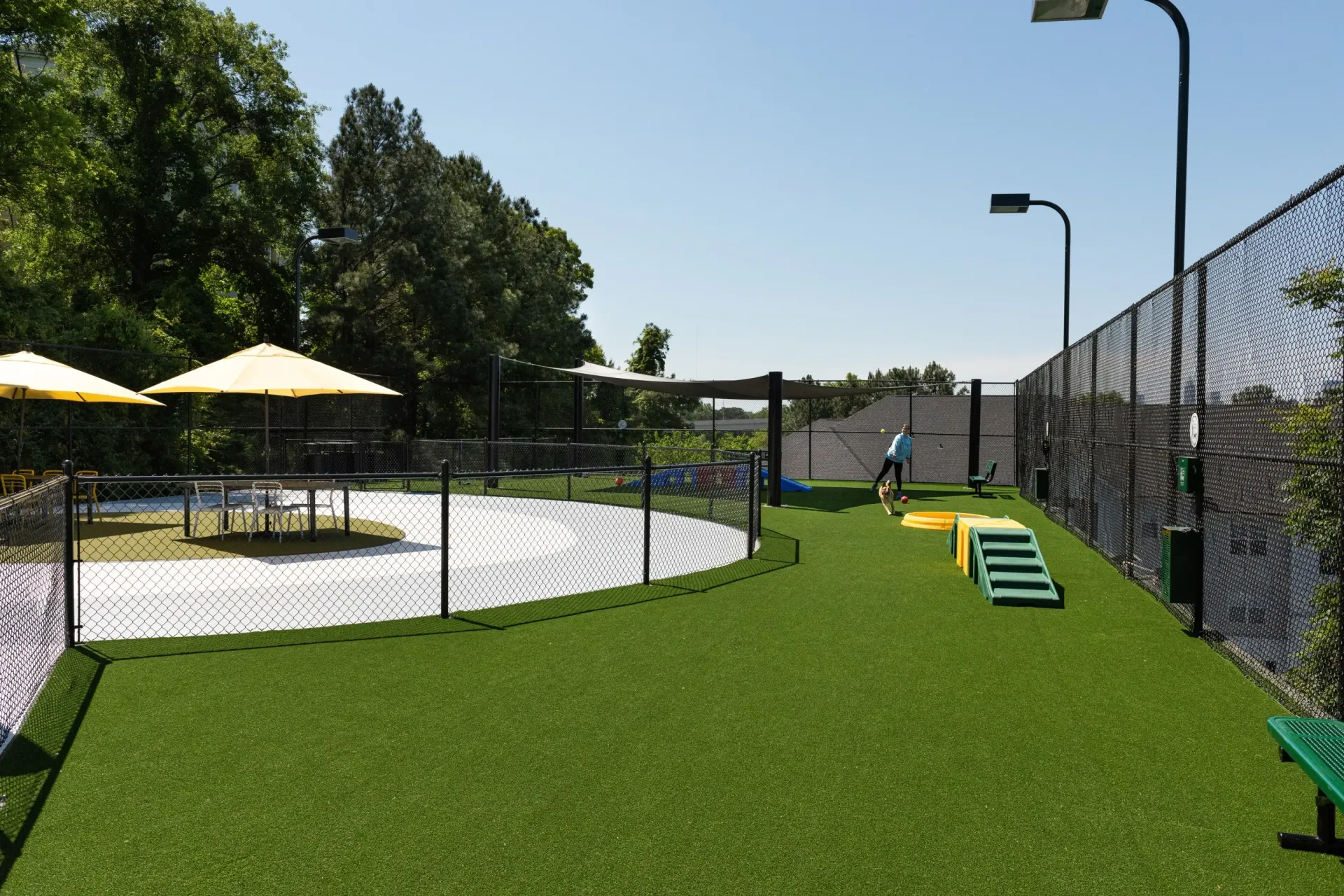 Outdoor dog park with agility equipment and seating areas.