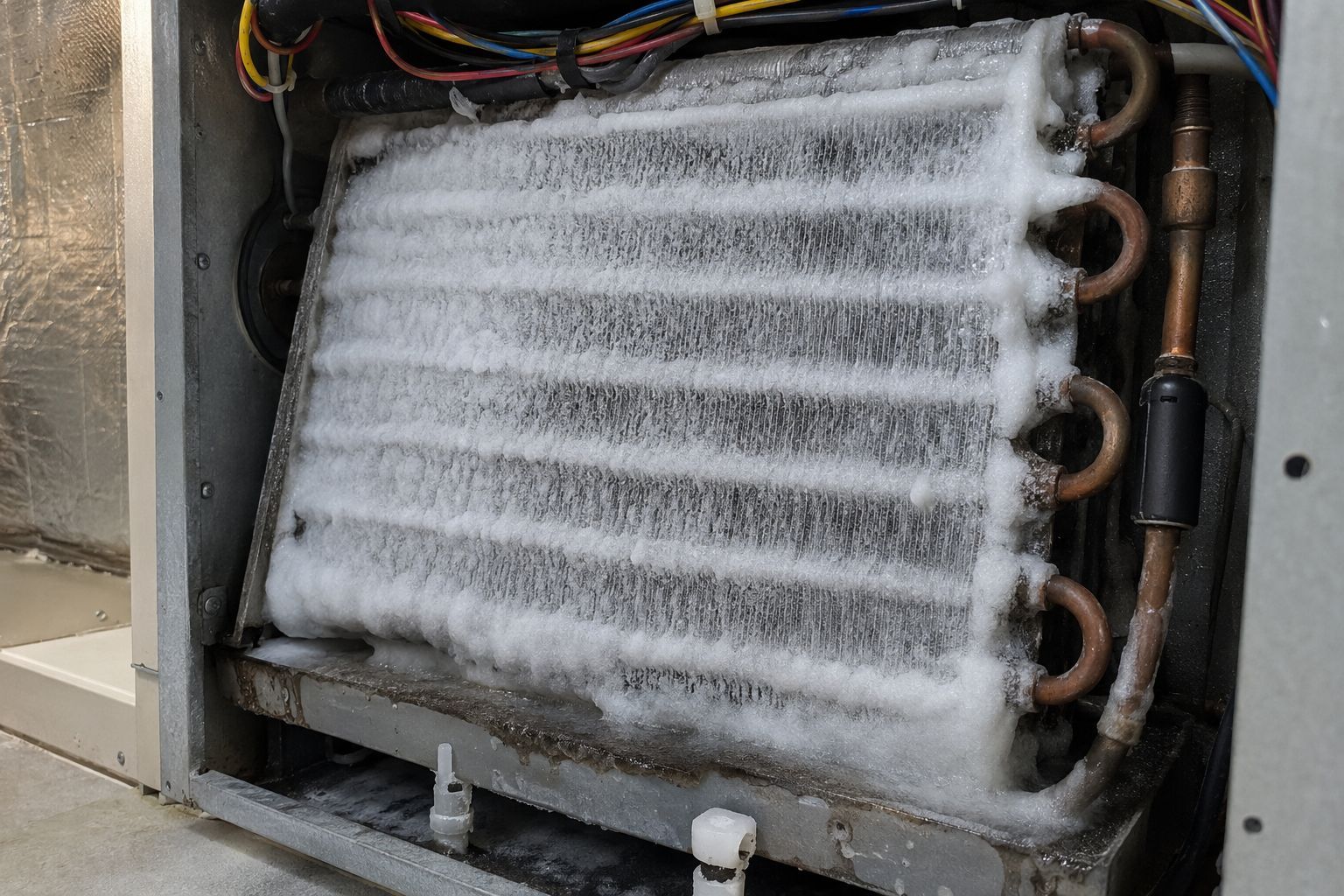 Frozen HVAC evaporator coil with heavy frost buildup inside a metal unit