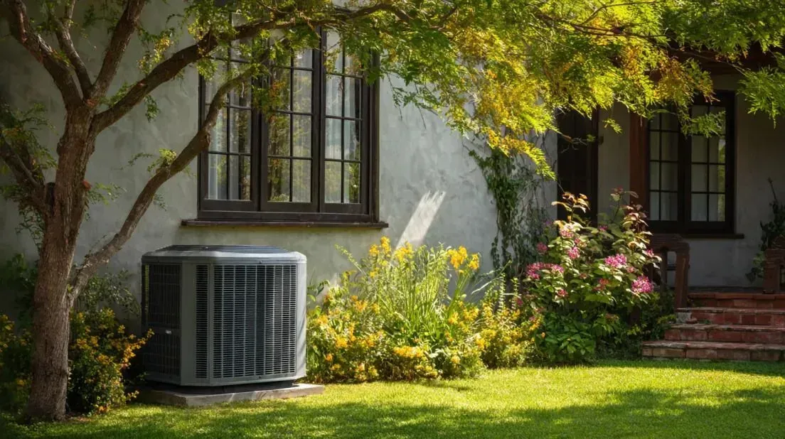 House exterior with air conditioner, sunlit garden, and trees beside windows