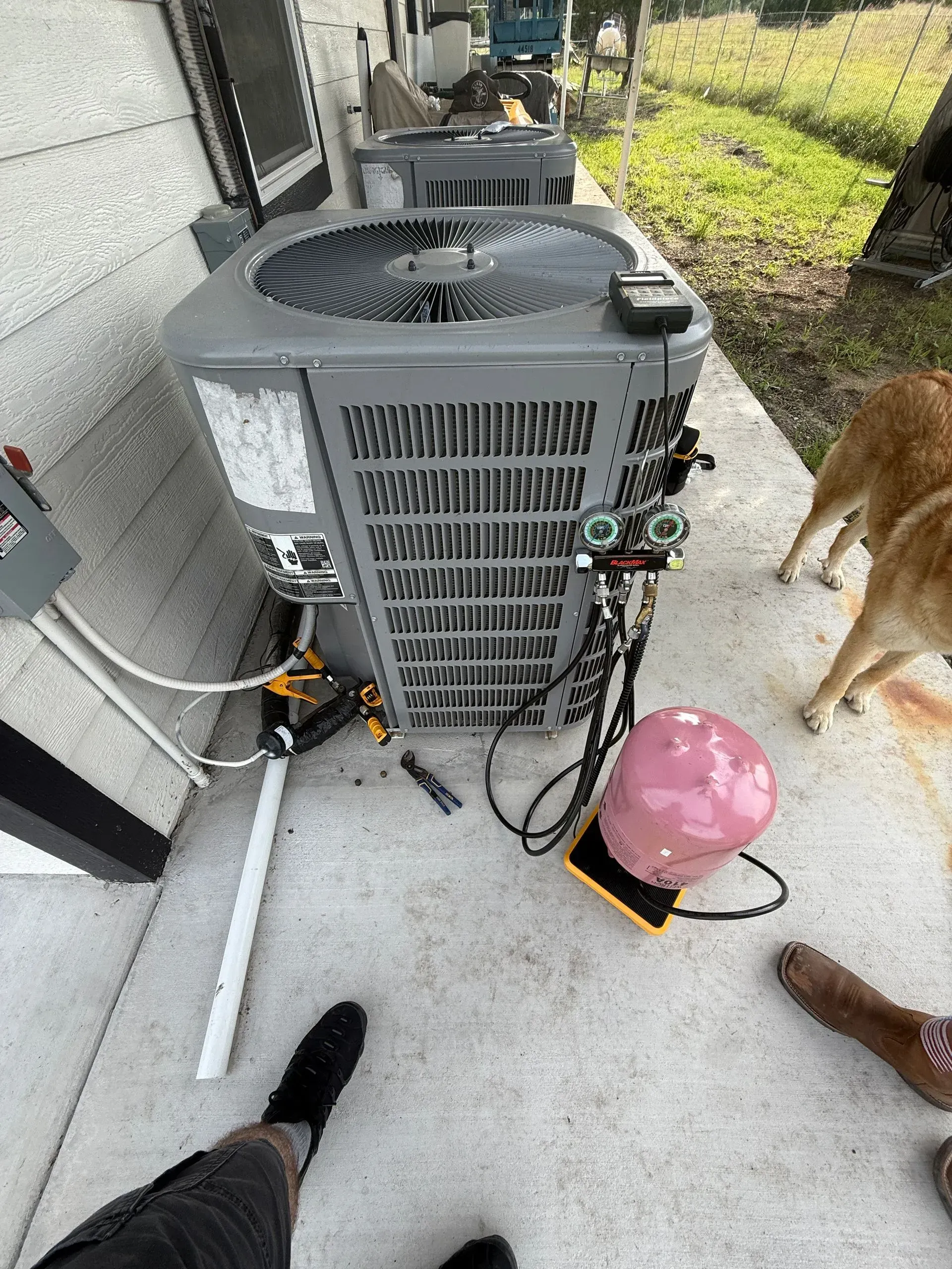 Outdoor HVAC unit on a patio with tools, a pink bucket, and a dog nearby.