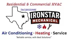 Ironstar Mechanical HVAC logo with Texas outline, stars, red flames, and air conditioning, heating, service text