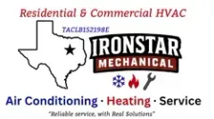 Ironstar Mechanical HVAC logo with Texas outline, stars, red flames, and air conditioning, heating, service text