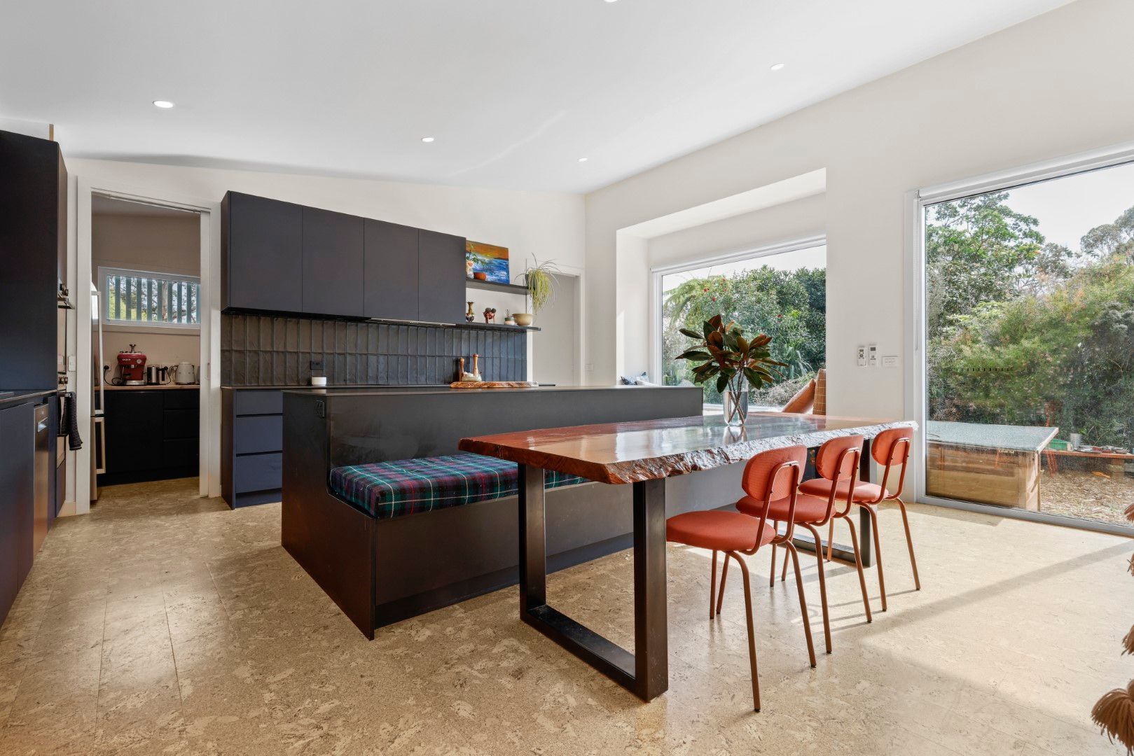Cork Flooring & Navy kitchen