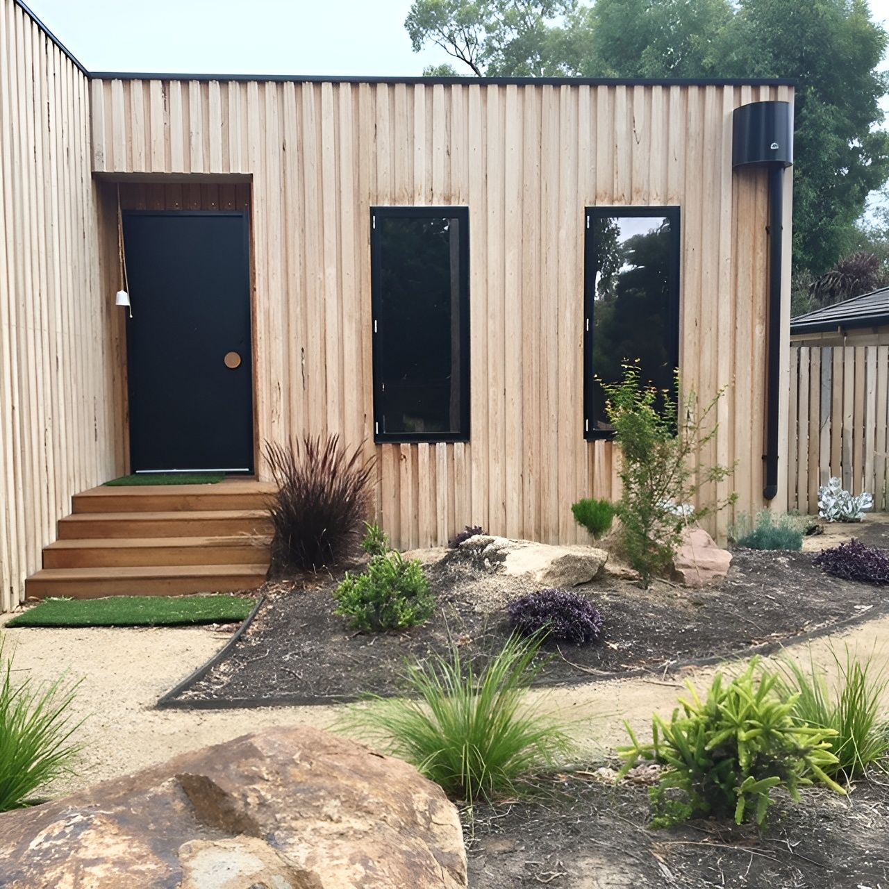 Wooden building exterior with black door and windows; landscaped garden in front.