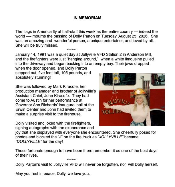 Memorial announcement with a small photo of Dolly Parton in a yellow fire helmet standing beside a Jollyville fire engine.