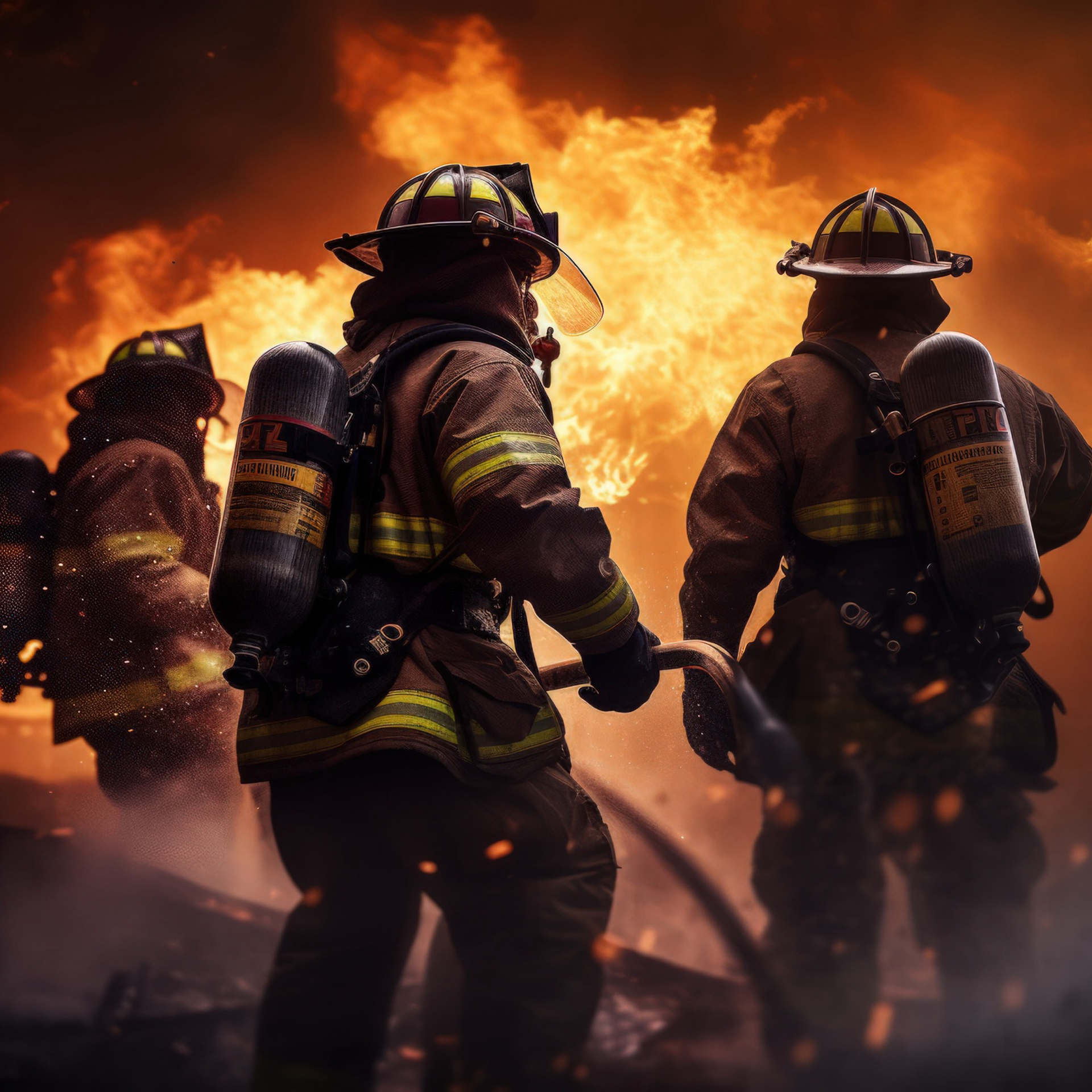 A group of firefighters are fighting a fire with a hose