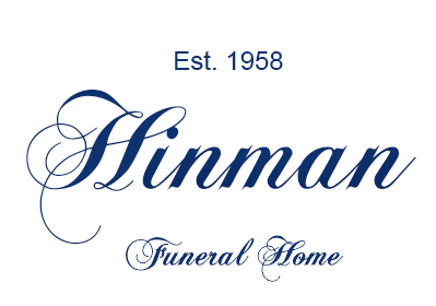 Hinman Funeral Home logo: navy script text on white background; established 1958.