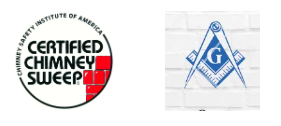 A certified chimney sweeper logo next to a masonic symbol