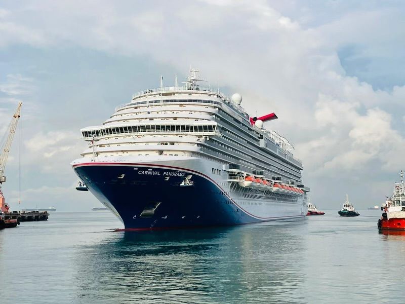 Large white cruise ship docked on calm water under a cloudy sky, with small boats nearby.