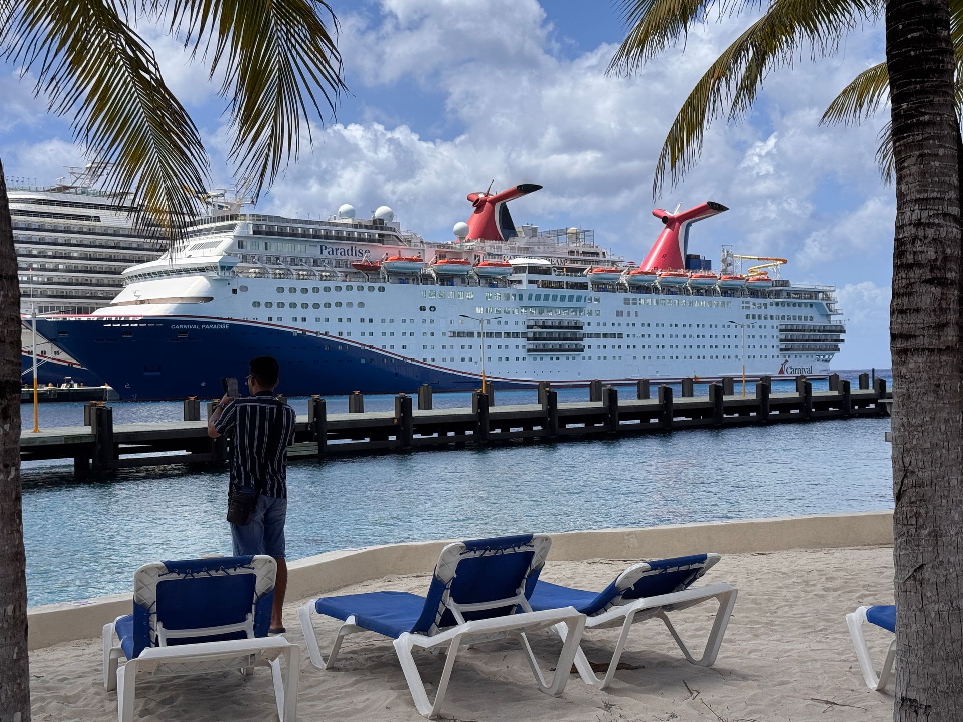 Cruise ship docked by a tropical beach with palm trees, lounge chairs, and a person standing by the water