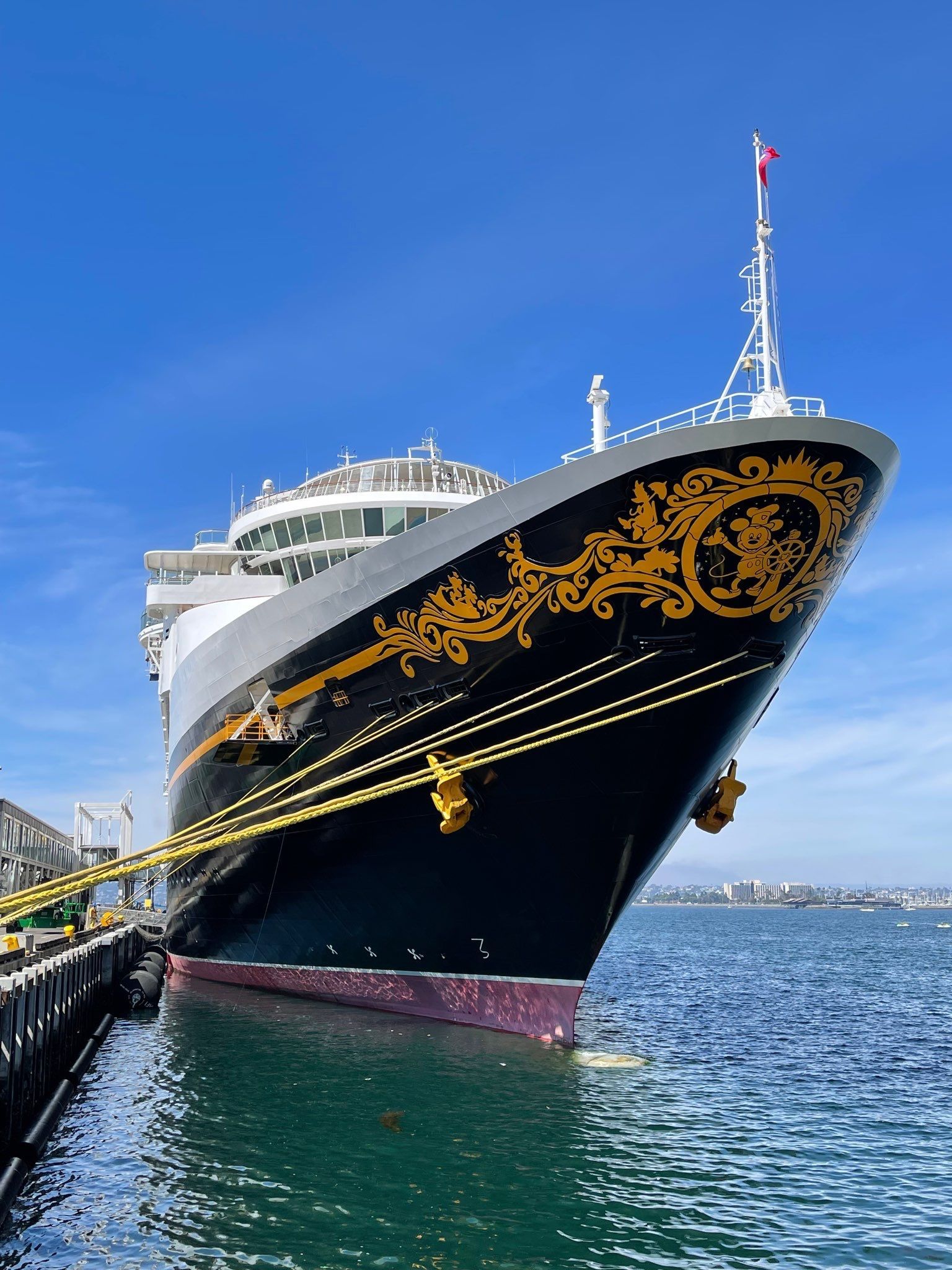 Large black-and-gold cruise ship docked beside a pier on clear blue water under a sunny sky