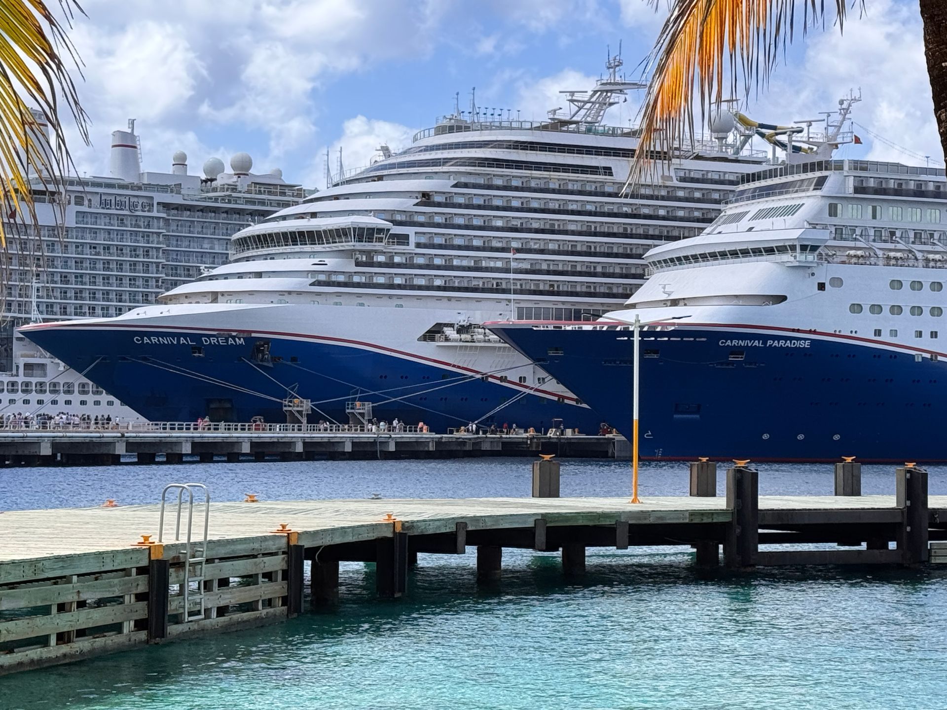 Large blue-and-white cruise ship docked at a harbor with palm trees and turquoise water