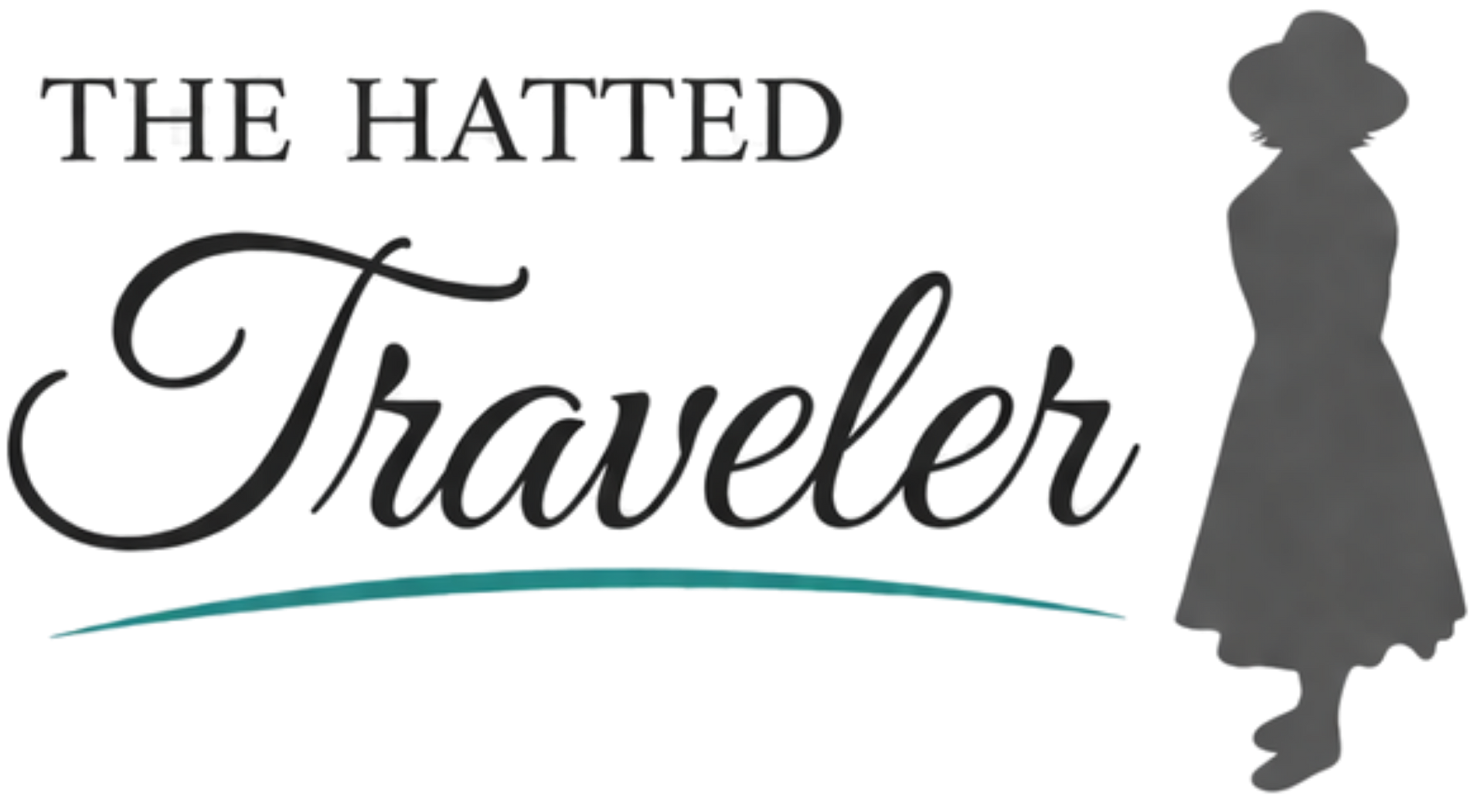 The Hatted Traveler logo with black text, teal underline, and a silhouette of a woman in a hat