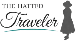 The Hatted Traveler logo with black text, teal underline, and a silhouette of a woman in a hat