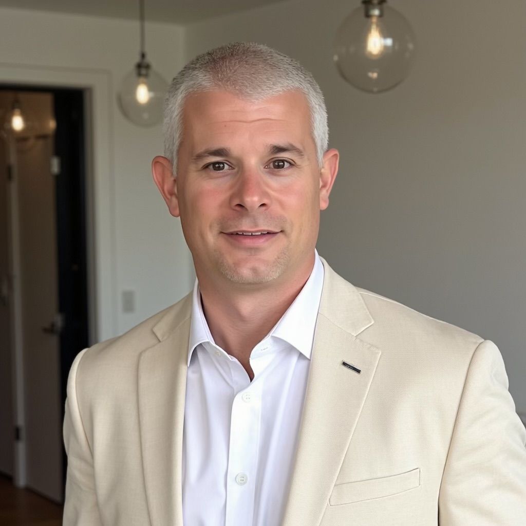 Man in a cream blazer and white shirt standing indoors, smiling in a softly lit room.