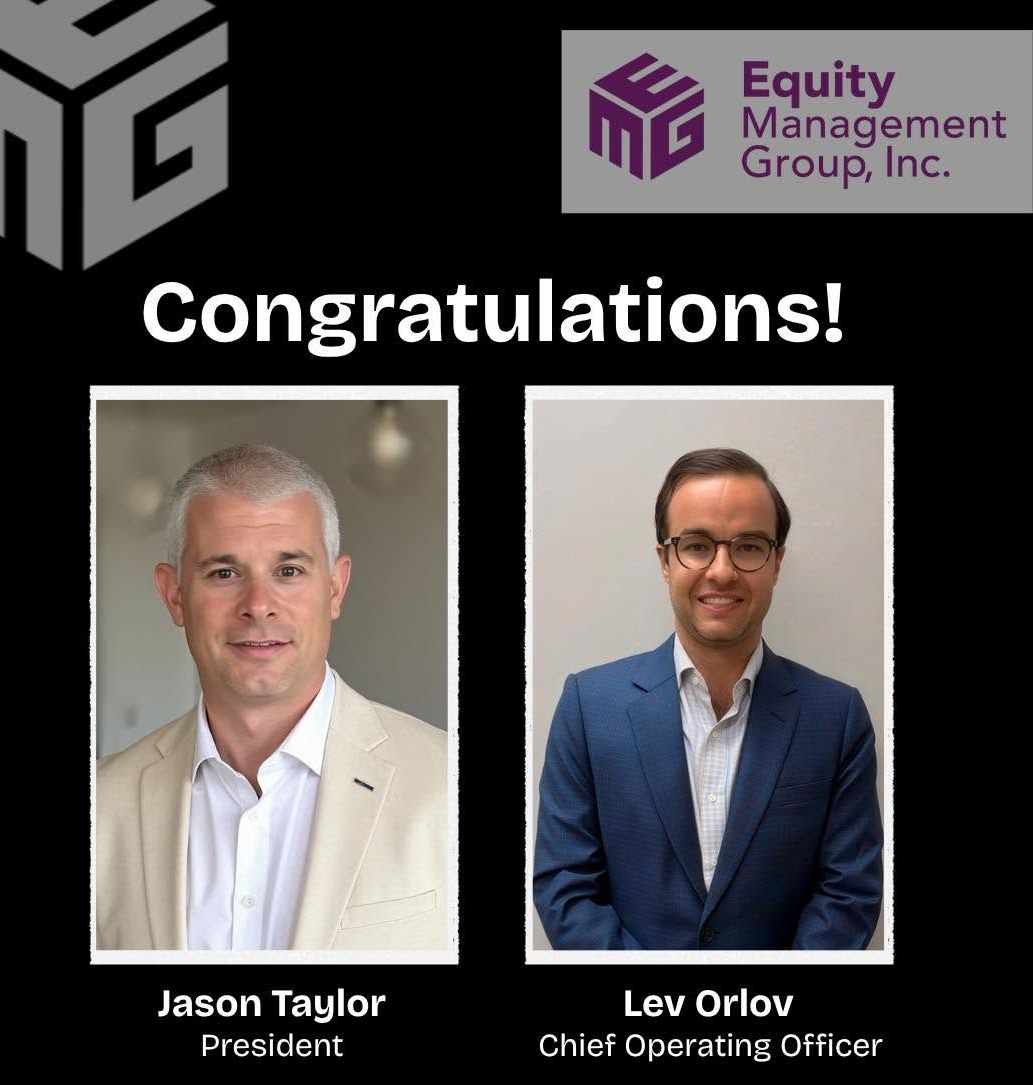 Congratulations graphic with Equity Management Group logo and photos of Jason Taylor and Lev Orlov.