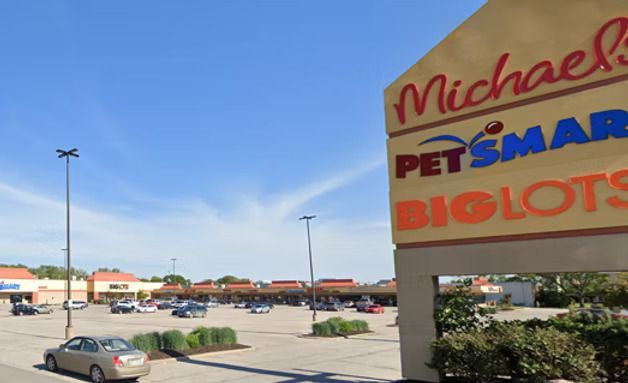 Shopping center parking lot with a Michaels PetsMart Biolots sign under a blue sky