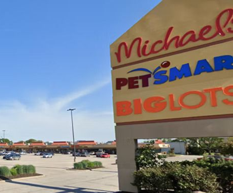 Shopping center parking lot beside a Michael’s sign with PETSMART and BIJOUTS storefronts under a blue sky