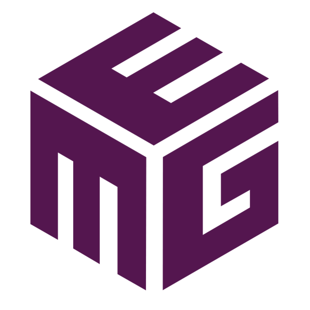 Purple geometric cube logo with stylized white letters on a white background