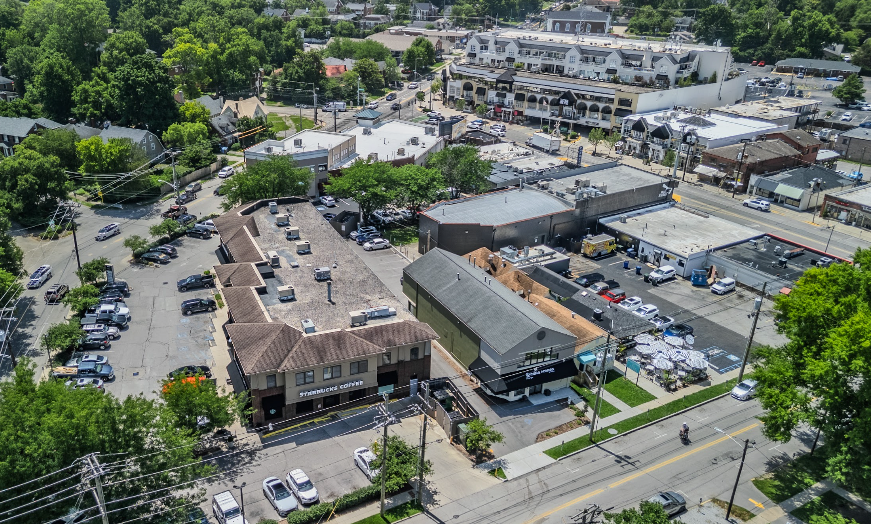 Aerial view of a parking lot and commercial buildings along a busy street on a sunny day