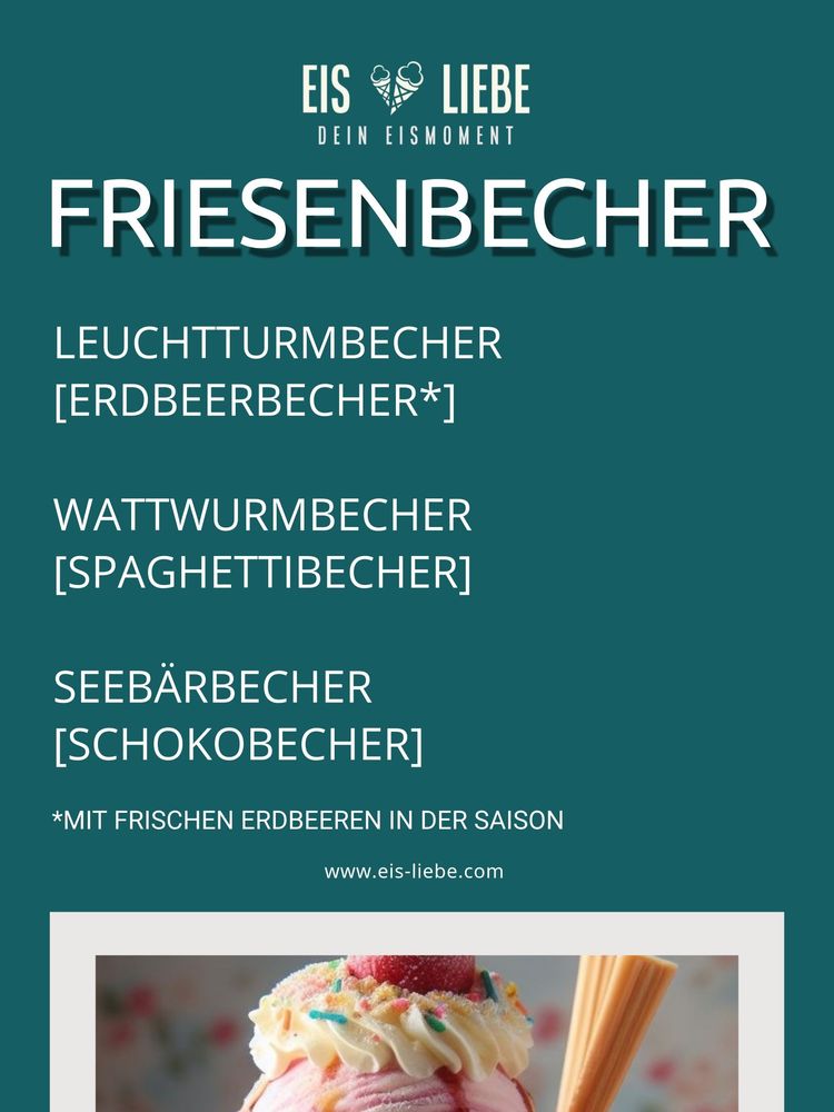 Menukarte der Eisbecher mit Wattwurm-, Leuchtturm-, Seebaerbecher.
