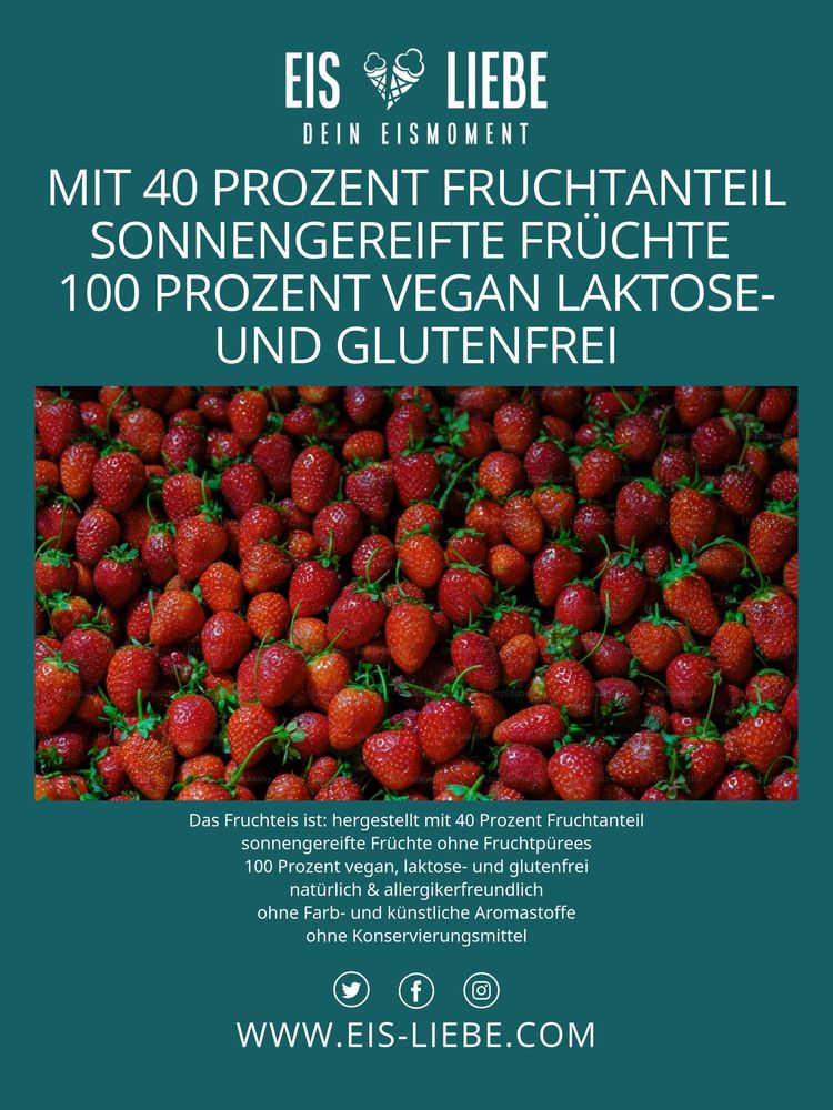 Poster mit Erdbeeren und Beschreibung der veganen Eissorten.