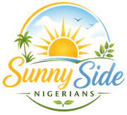 Sunny Side Nigerians logo with sunrise, palm tree, birds, and green leaves