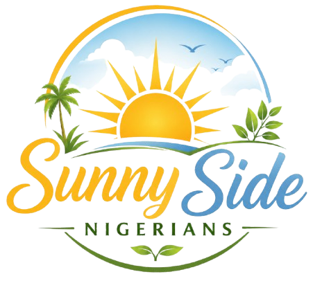 Sunny Side Nigerians logo with sunrise, palm tree, birds, and green leaves