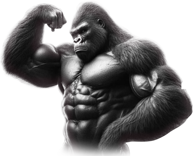 Three white Gorilla Hard supplement bottles on a rock, with a piece of driftwood behind.