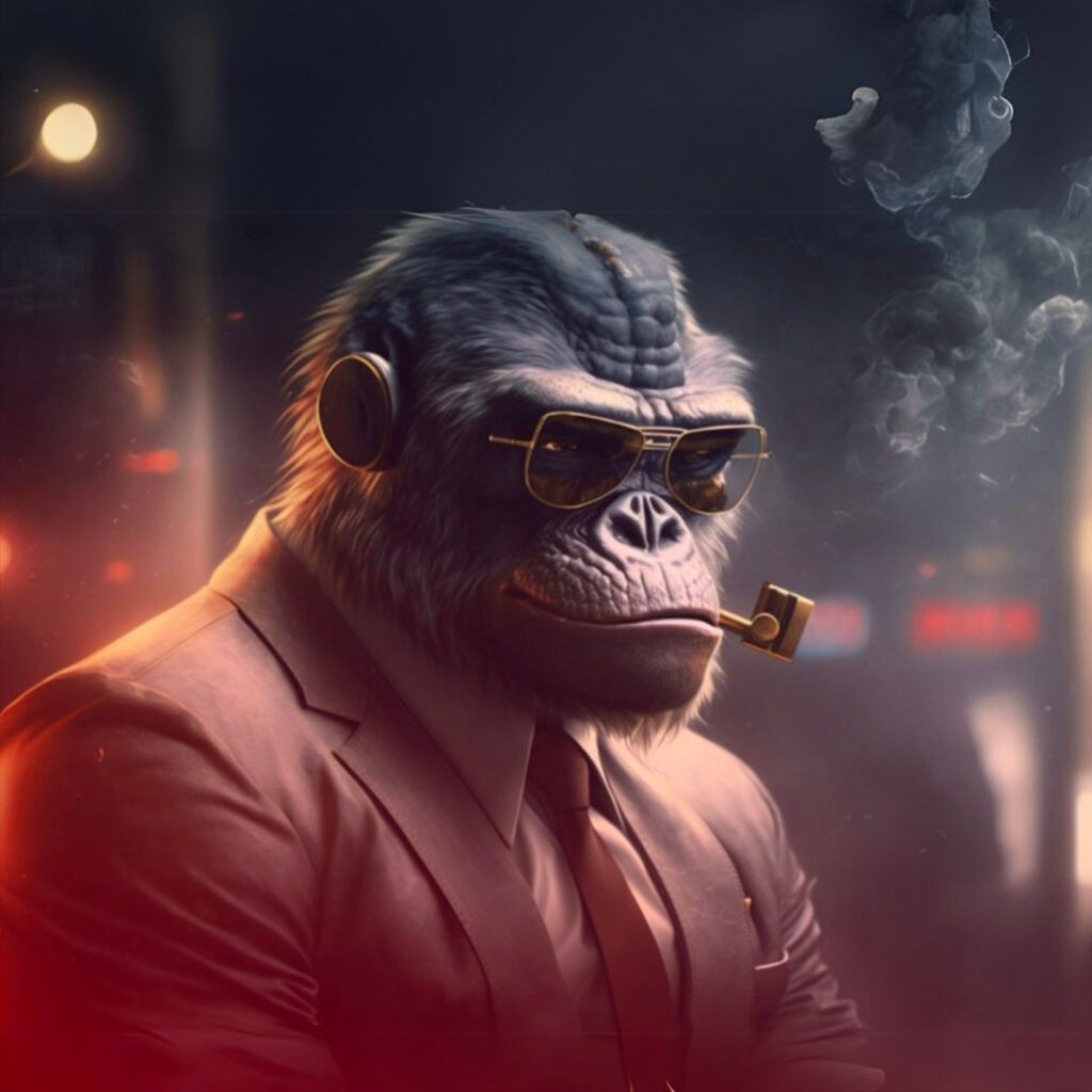 Ape in suit and sunglasses smoking a pipe. Blurred city background.