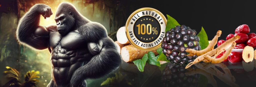Muscular gorilla flexing, ingredients: roots, berries, leaves, gold seal