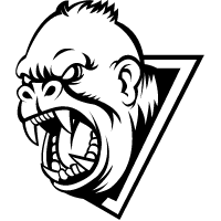 Angry gorilla head erupting from a black and white triangular frame, mouth wide open with teeth bared.