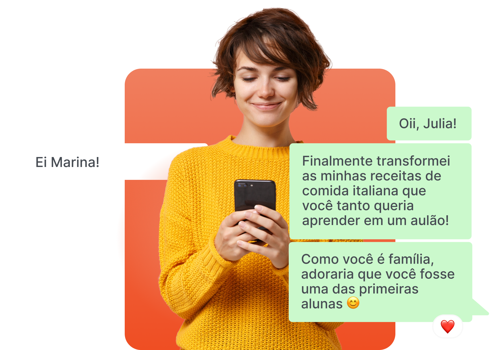 Uma mulher com um suéter amarelo está segurando um telefone celular
