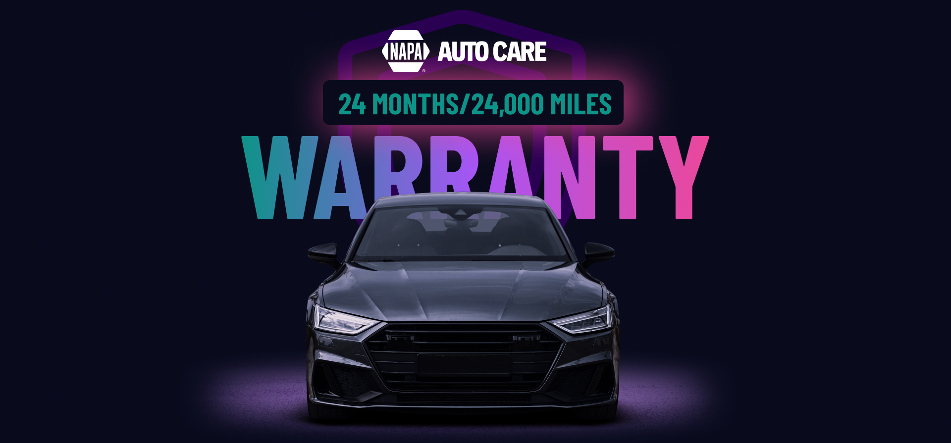 Auto Care warranty ad with a black car and text reading “24 months/24,000 miles WARRANTY” | Apex Auto Care