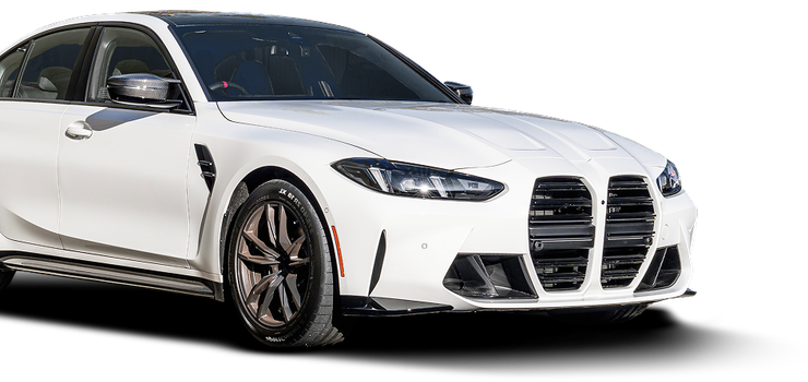 White BMW sedan on a plain white background, front three-quarter view | Apex Auto Care