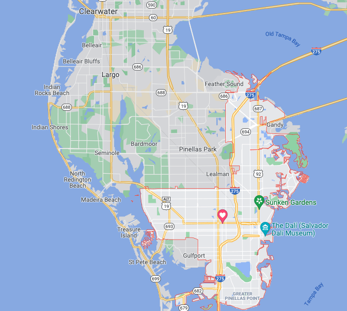 A map of the Pinellas Peninsula in Florida, showing city labels and three location markers in the St. Petersburg area.