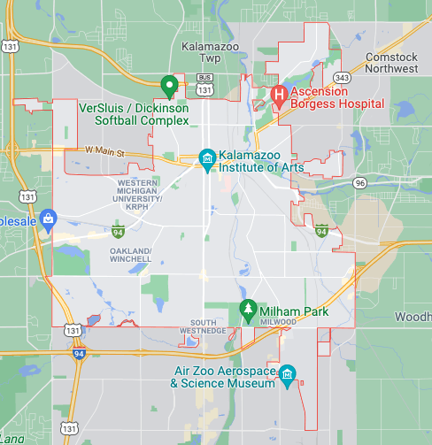 A map showing the city limits of Kalamazoo, Michigan, with landmarks like Western Michigan University and Milham Park.