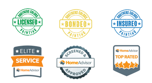Six badges for Brothers Colors Painting, including licensing, bonding, insurance, and HomeAdvisor top-rated status.