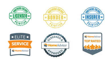 A collection of six business badges, including Licensed, Bonded, Insured, HomeAdvisor Elite Service, and Top Rated icons.