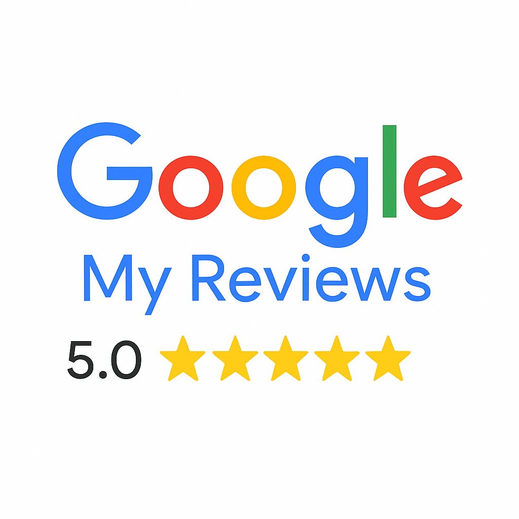 Google My Reviews logo with a 5.0-star rating shown by five filled-in gold stars on a white background.