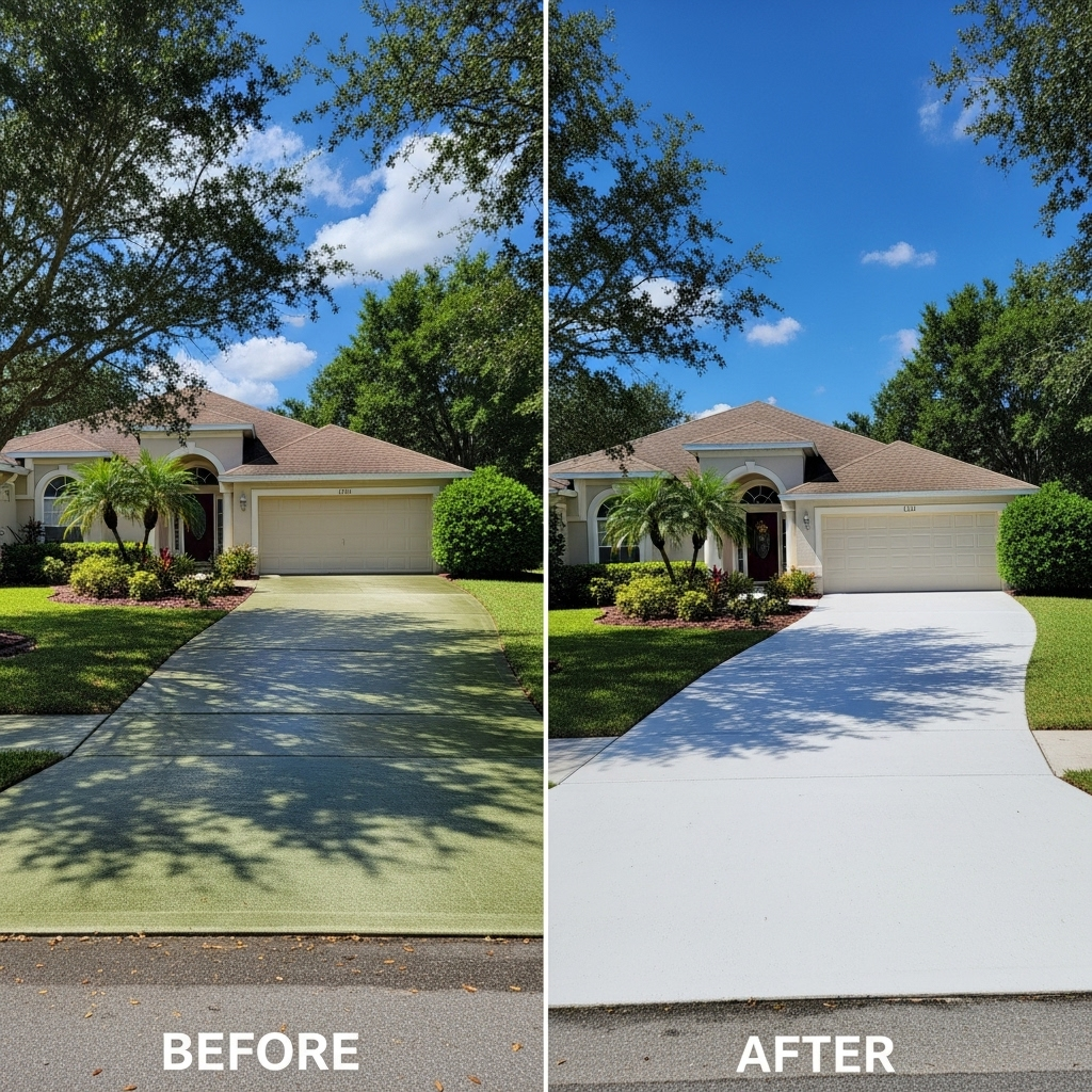A before and after photo of a house with a concrete driveway.